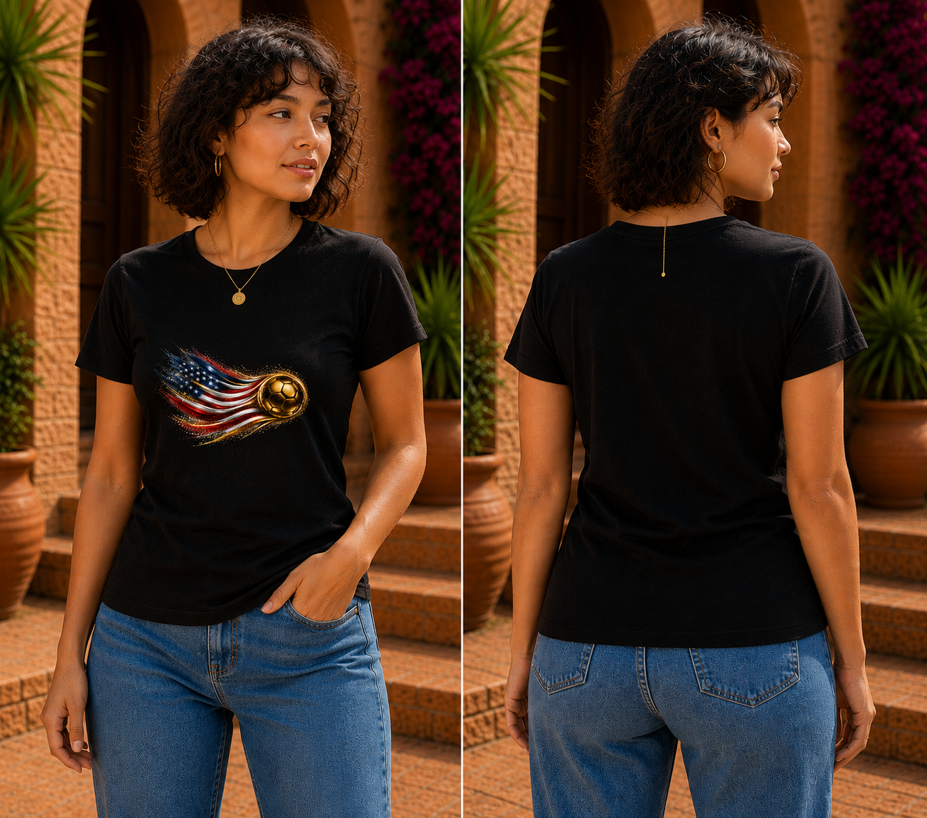 Women’s Fitted Front Print | USA Flag Tee | Bandera de Estados Unidos