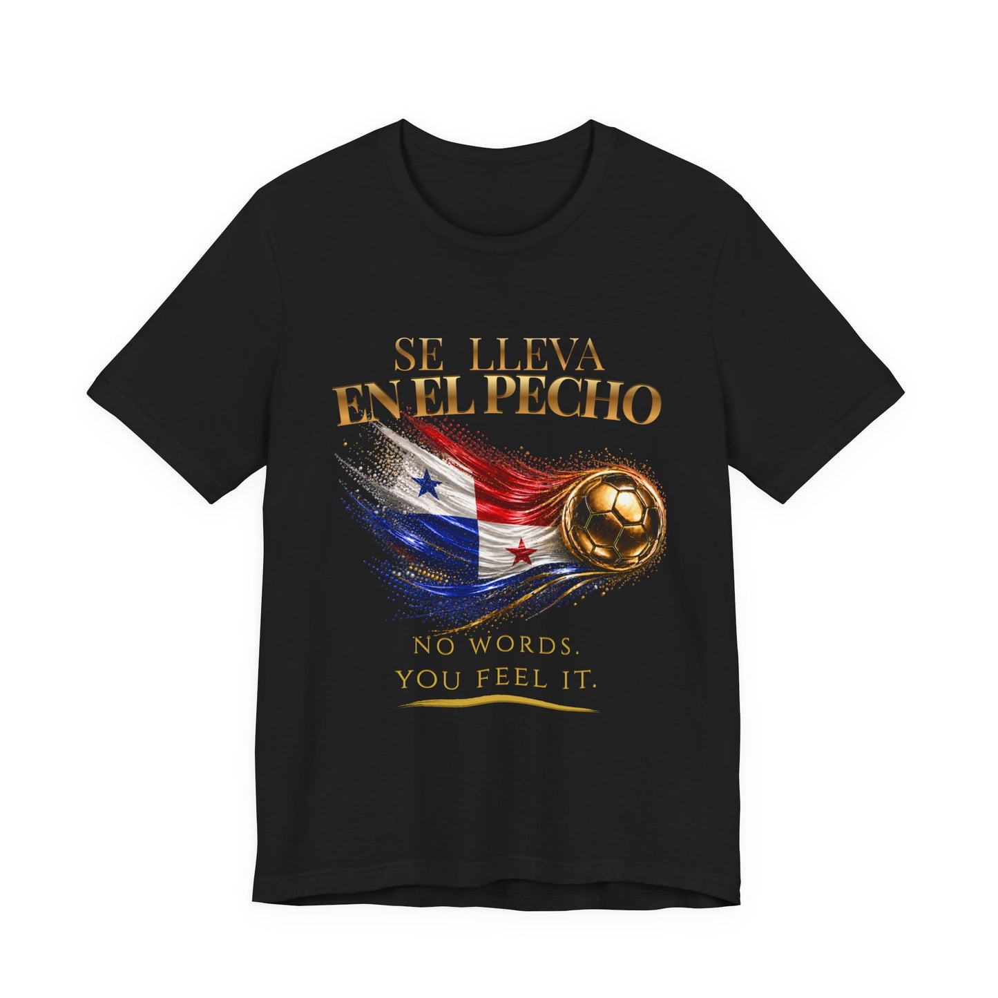 Front Print | Se Lleva En El Pecho Tee | Gold Soccer & Panama Flag Design | Bilingual Edition