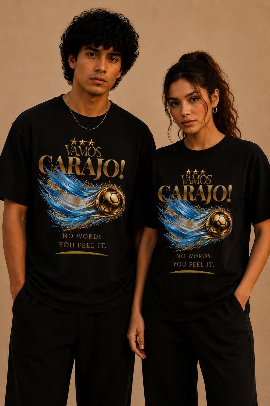 Front Print | Vamos Carajo! Argentina Tee | Gold Soccer & Argentina Flag Design | Bilingual Edition