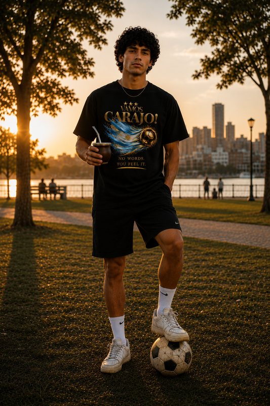 Front Print | Vamos Carajo! Argentina Tee | Gold Soccer & Argentina Flag Design | Bilingual Edition