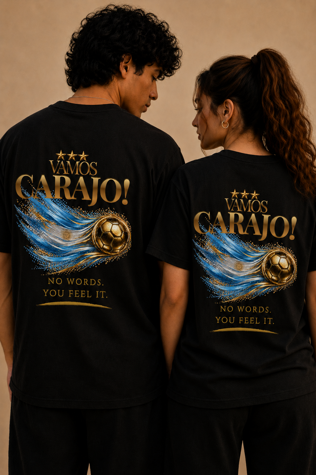 Back Print | Vamos Carajo! Argentina Tee | Gold Soccer & Argentina Flag Design | Bilingual Edition