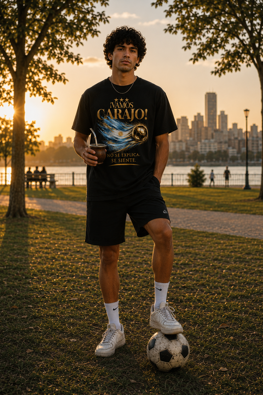 Front Print | ¡Vamos Carajo! Argentina Tee | Diseño Dorado de Fútbol y Bandera de Argentina