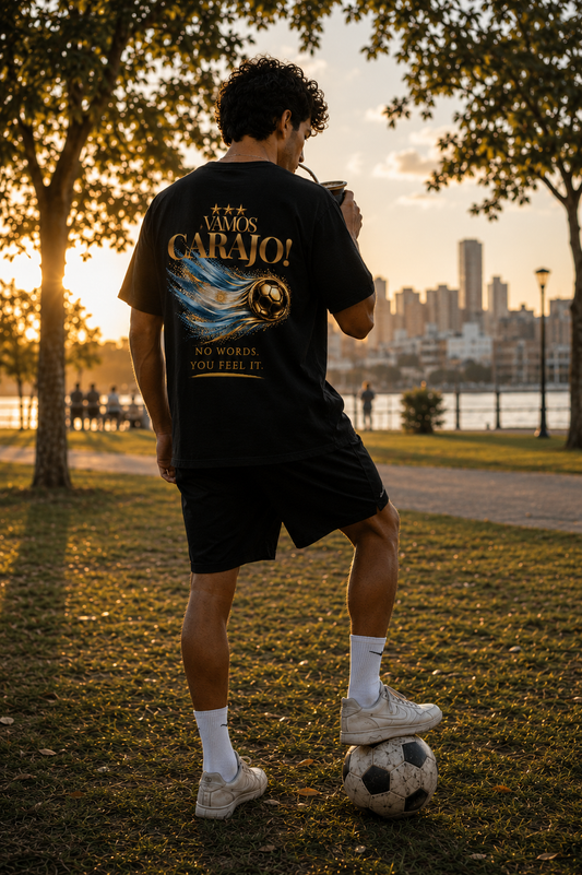 Back Print | Vamos Carajo! Argentina Tee | Gold Soccer & Argentina Flag Design | Bilingual Edition