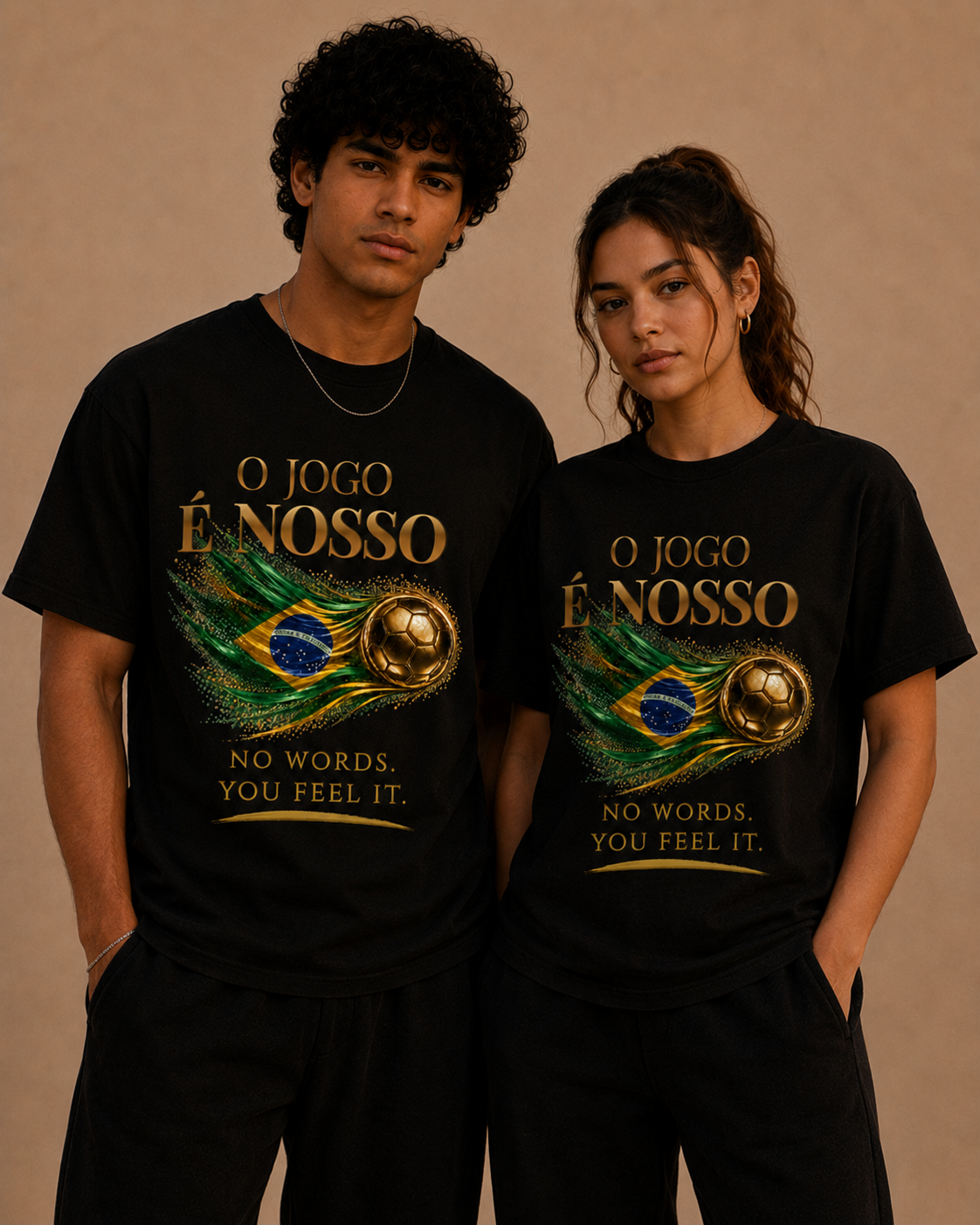 Front Print | Brazil — O Jogo É Nosso Tee | Gold Soccer Ball & Brazil Flag Design | Bilingual Edition