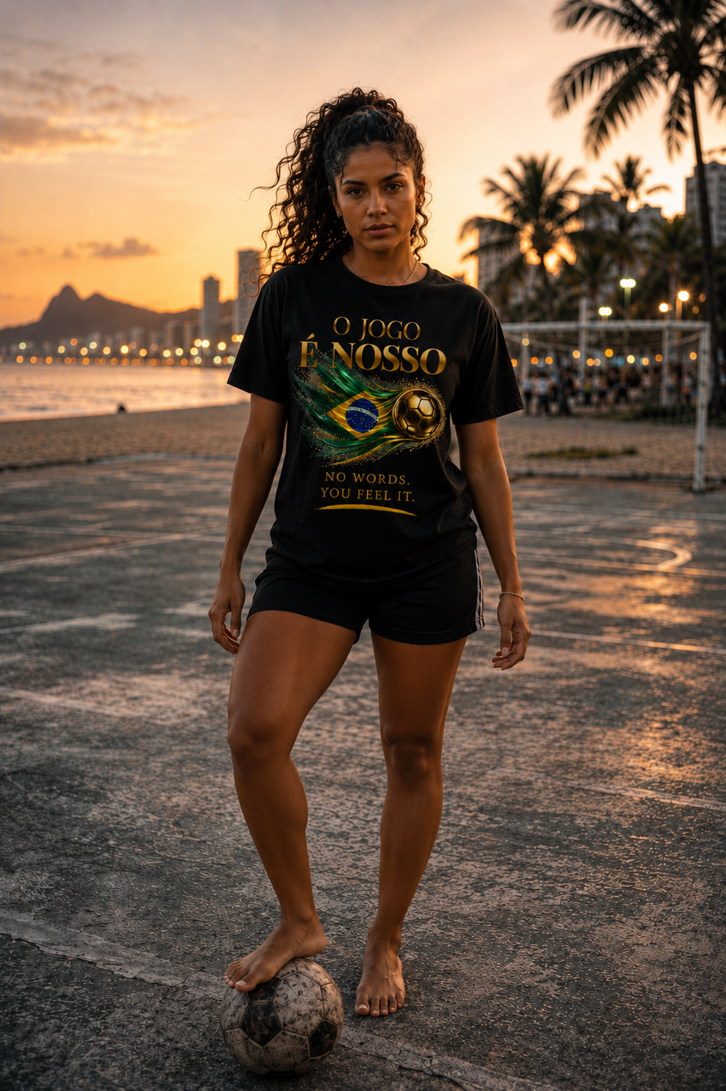Front Print | Brazil — O Jogo É Nosso Tee | Gold Soccer Ball & Brazil Flag Design | Bilingual Edition