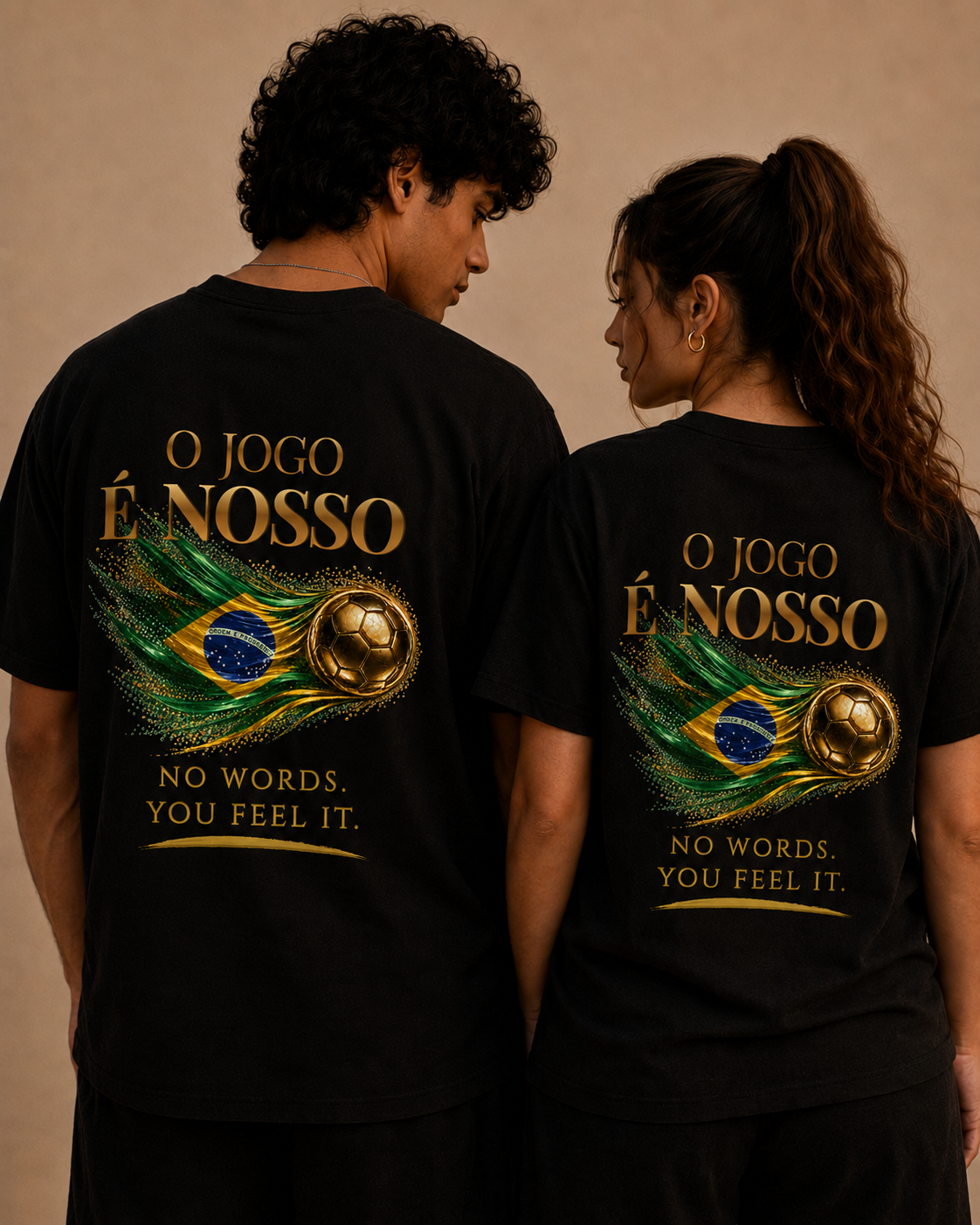Back Print | Brazil — O Jogo É Nosso Tee | Gold Soccer Ball & Brazil Flag Design | Bilingual Edition