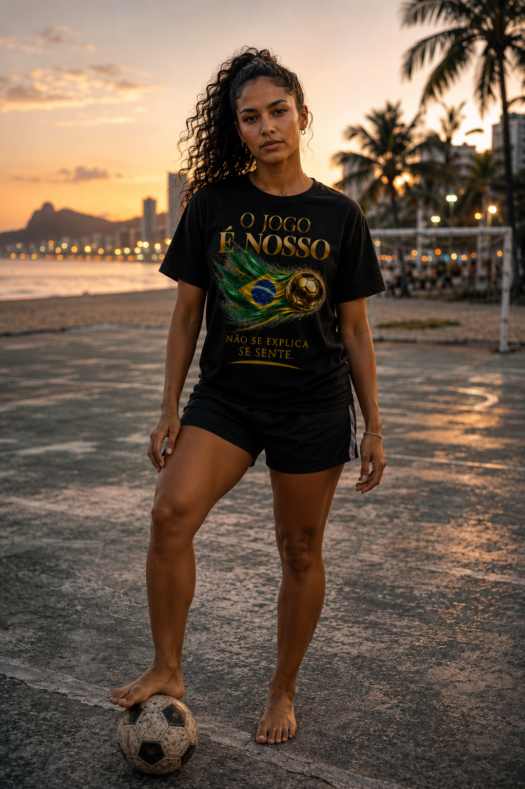 Front Print | O Jogo É Nosso Tee | Bola de Futebol Dourada & Design da Bandeira do Brasil