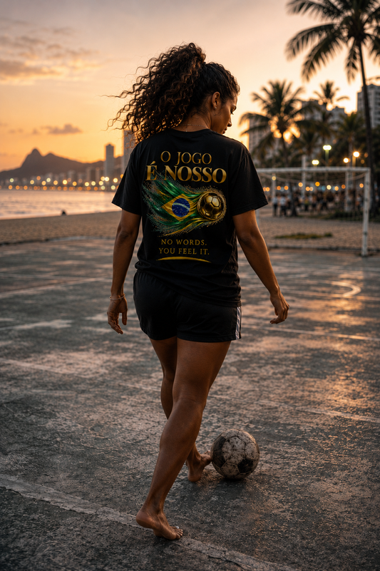 Back Print | Brazil — O Jogo É Nosso Tee | Gold Soccer Ball & Brazil Flag Design | Bilingual Edition