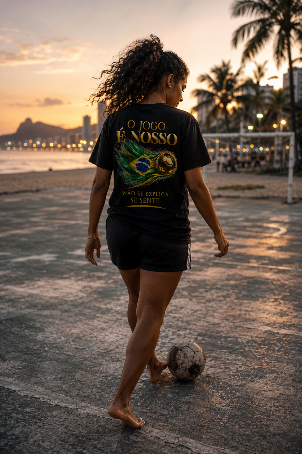 Back Print | O Jogo É Nosso Tee | Bola de Futebol Dourada & Design da Bandeira do Brasil