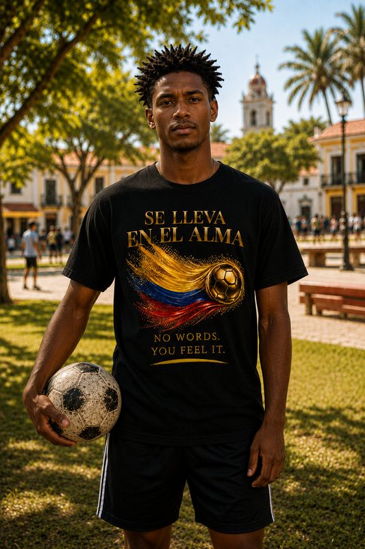 Front Print | Se Lleva En El Alma Tee | Gold Soccer & Colombia Flag Design | Bilingual Edition