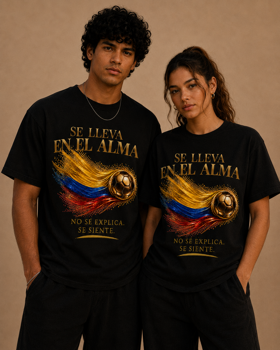 Front Print | Se Lleva En El Alma Tee | Diseño Dorado de Fútbol y Bandera de Colombia