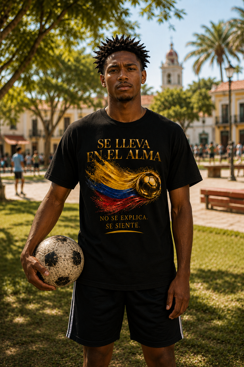 Front Print | Se Lleva En El Alma Tee | Diseño Dorado de Fútbol y Bandera de Colombia