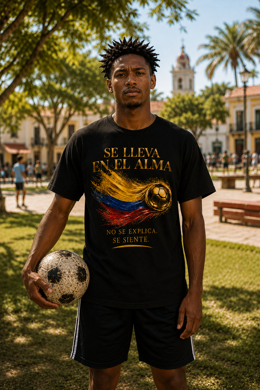 Front Print | Se Lleva En El Alma Tee | Diseño Dorado de Fútbol y Bandera de Colombia