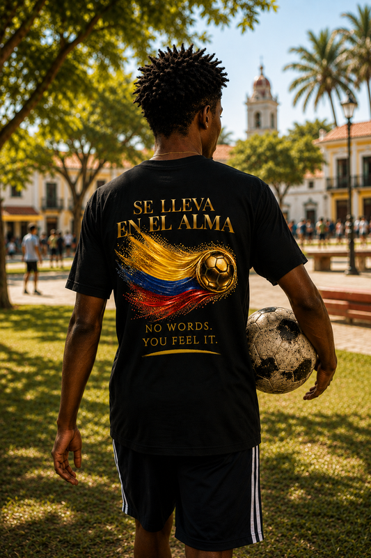 Back Print | Se Lleva En El Alma Tee | Gold Soccer & Colombia Flag Design | Bilingual Edition