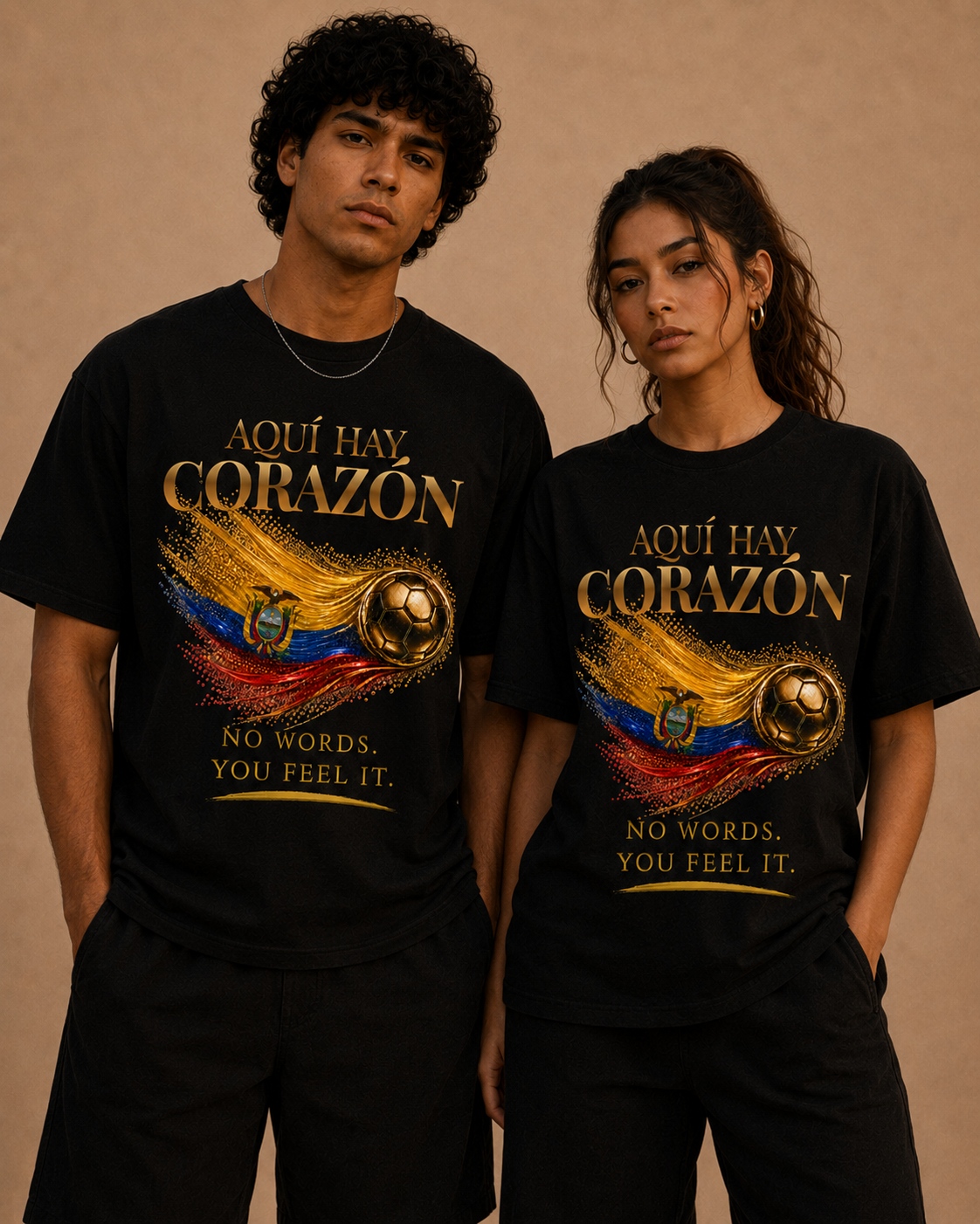 Front Print | Aquí Hay Corazón Tee | Gold Soccer & Ecuador Flag Design | Bilingual Edition