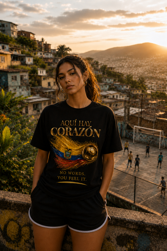 Front Print | Aquí Hay Corazón Tee | Gold Soccer & Ecuador Flag Design | Bilingual Edition