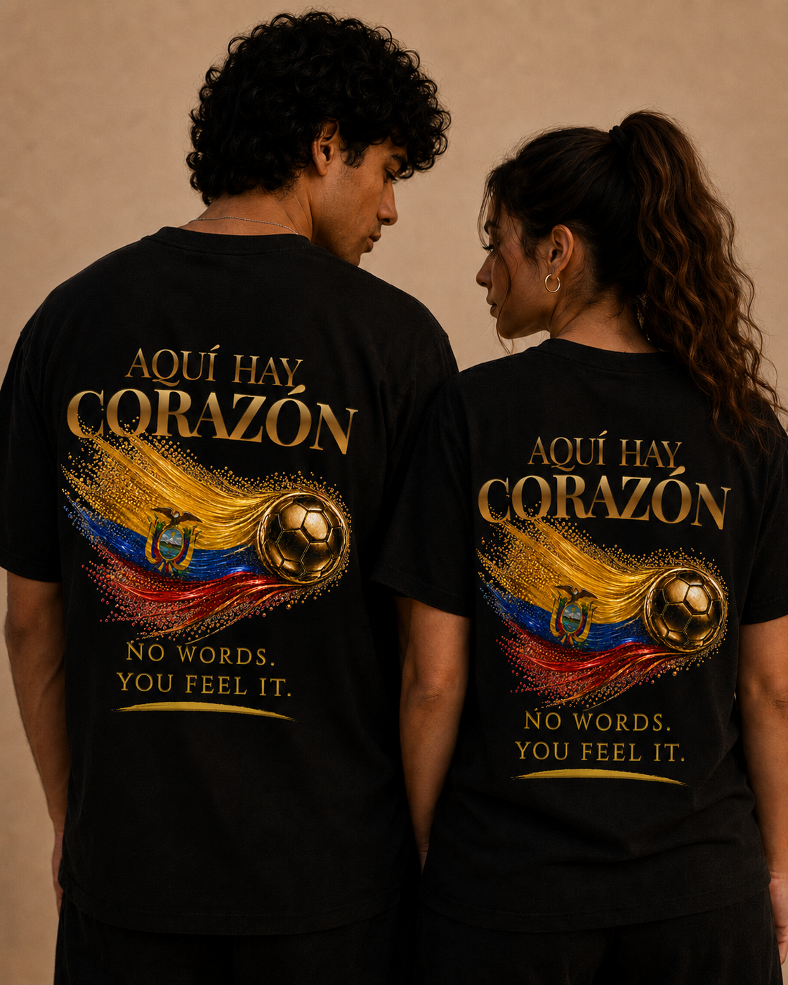 Back Print | Aquí Hay Corazón Tee | Gold Soccer & Ecuador Flag Design | Bilingual Edition
