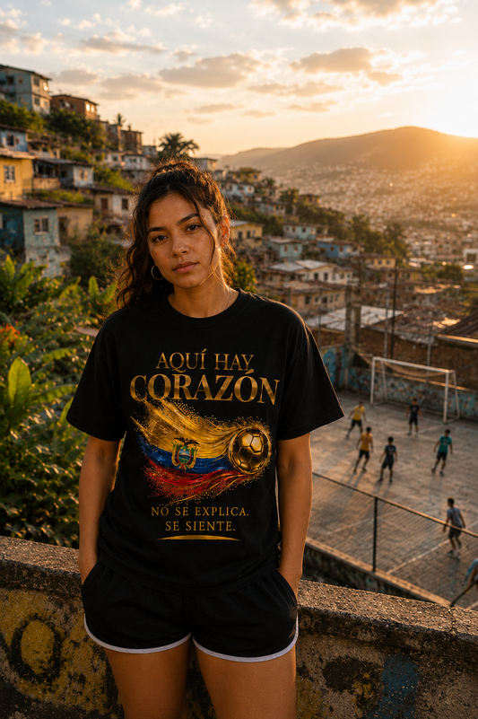 Front Print | Aquí Hay Corazón Tee | Diseño Dorado de Fútbol y Bandera de Ecuador