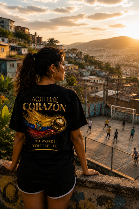 Back Print | Aquí Hay Corazón Tee | Gold Soccer & Ecuador Flag Design | Bilingual Edition