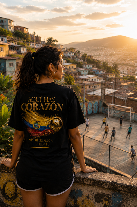 Back Print | Aquí Hay Corazón Tee | Diseño Dorado de Fútbol y Bandera de Ecuador