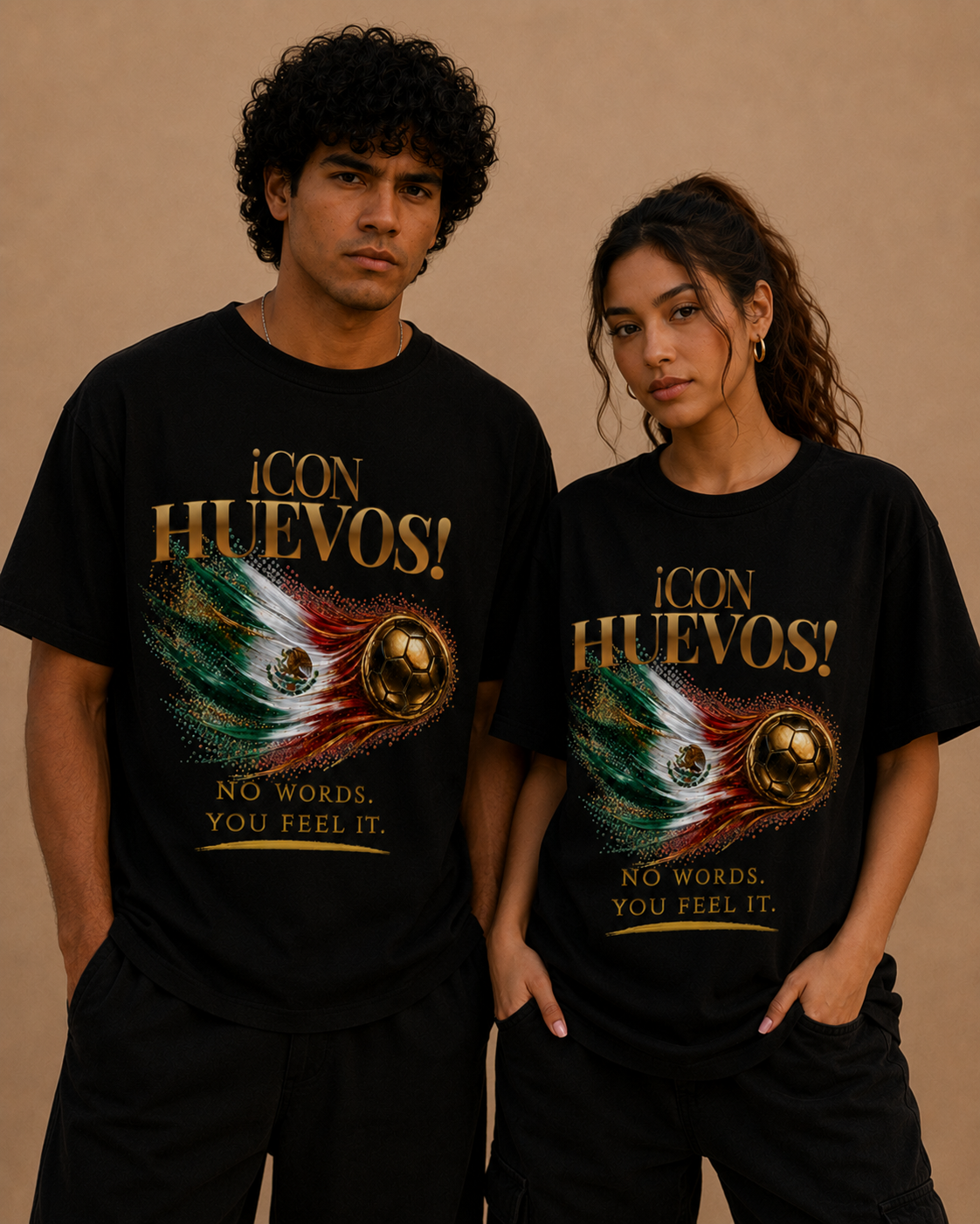 Front Print | Con Huevos! México Tee | Gold Soccer & Mexico Flag Design | Bilingual Edition