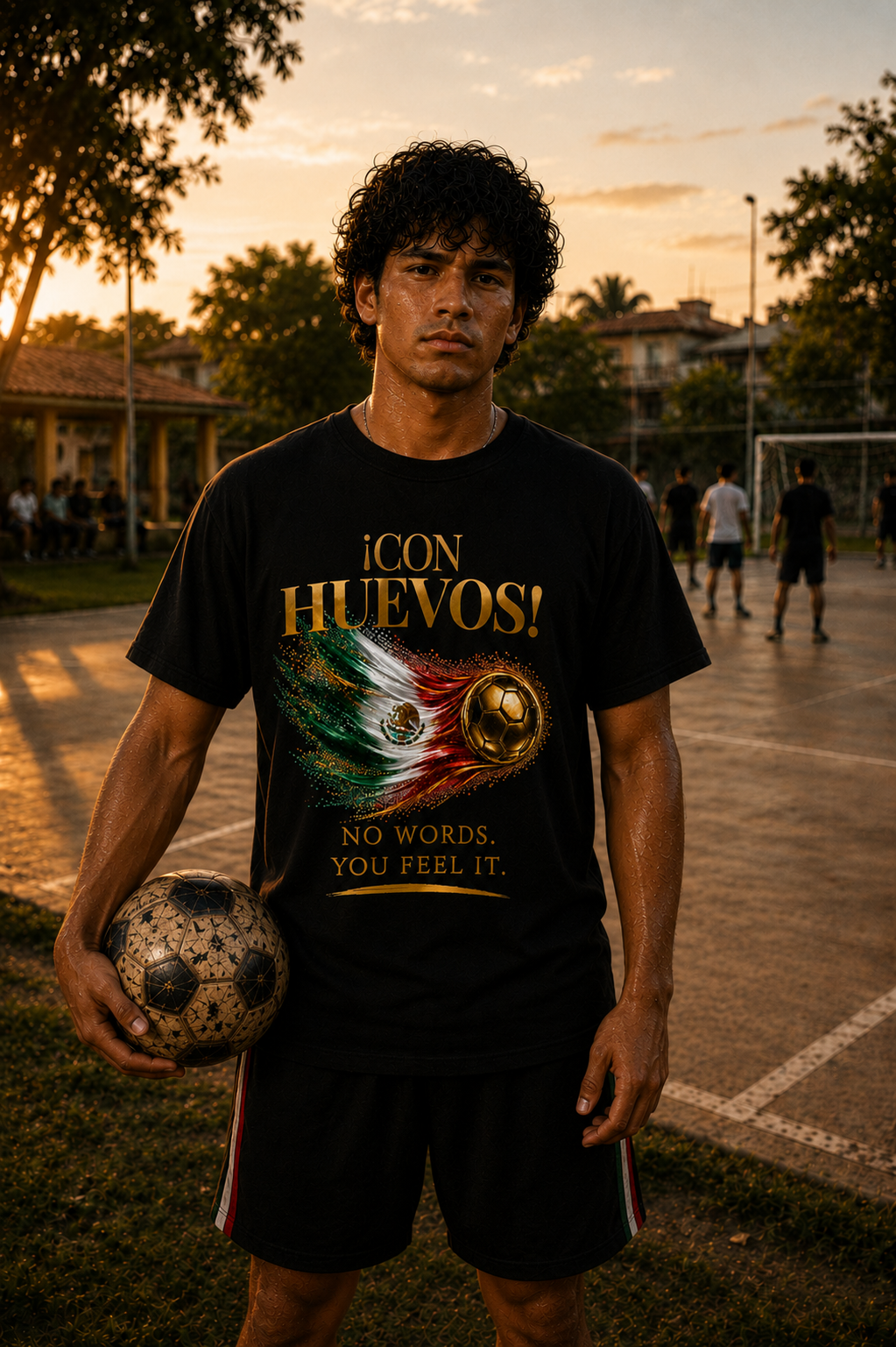 Front Print | Con Huevos! México Tee | Gold Soccer & Mexico Flag Design | Bilingual Edition