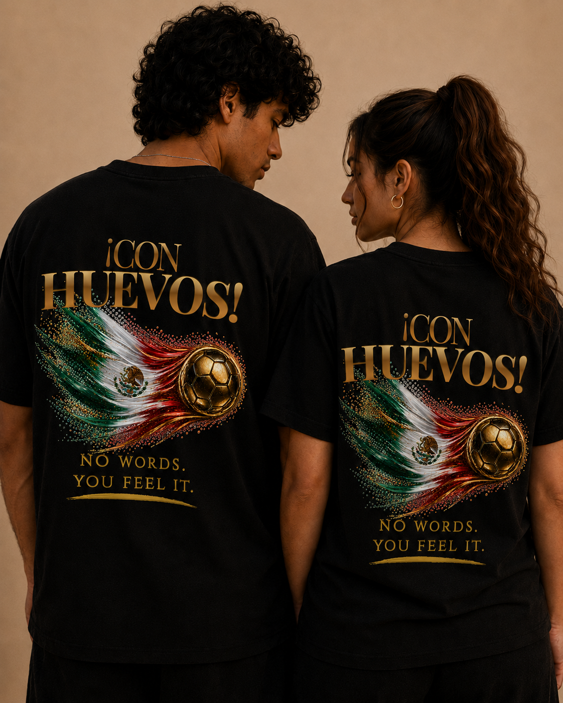 Back Print | Con Huevos! México Tee | Gold Soccer & Mexico Flag Design | Bilingual Edition