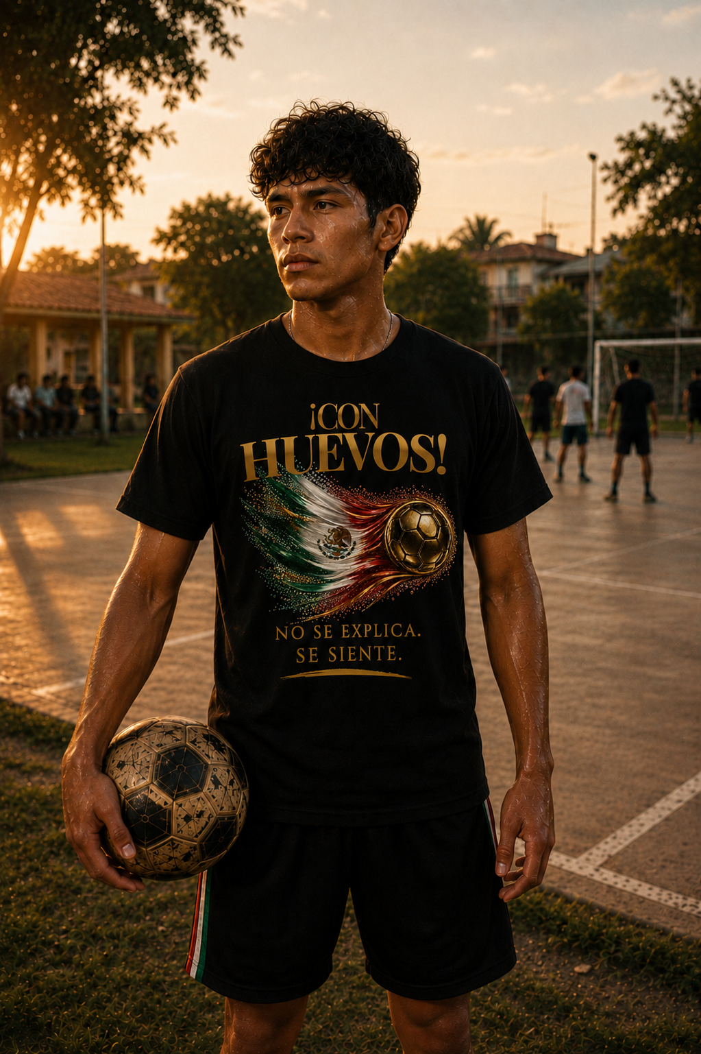 Front Print | ¡Con Huevos! México Tee | Diseño Dorado de Fútbol y Bandera de México