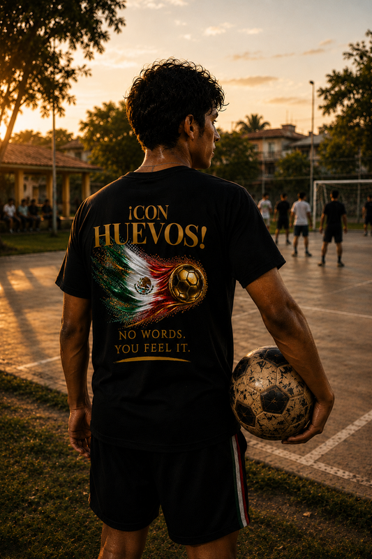 Back Print | Con Huevos! México Tee | Gold Soccer & Mexico Flag Design | Bilingual Edition