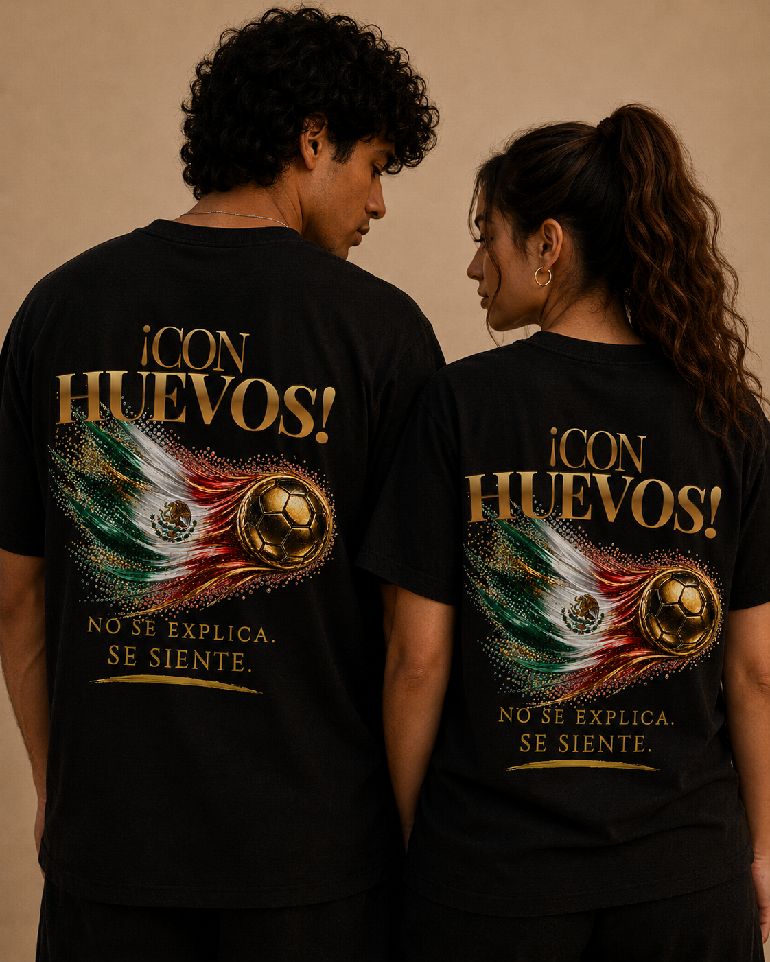 Back Print | ¡Con Huevos! México Tee | Diseño Dorado de Fútbol y Bandera de México