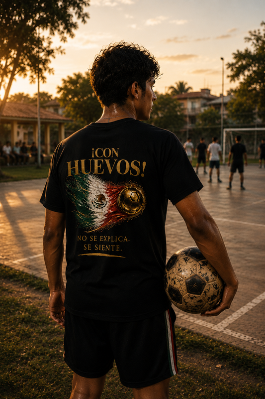 Back Print | ¡Con Huevos! México Tee | Diseño Dorado de Fútbol y Bandera de México