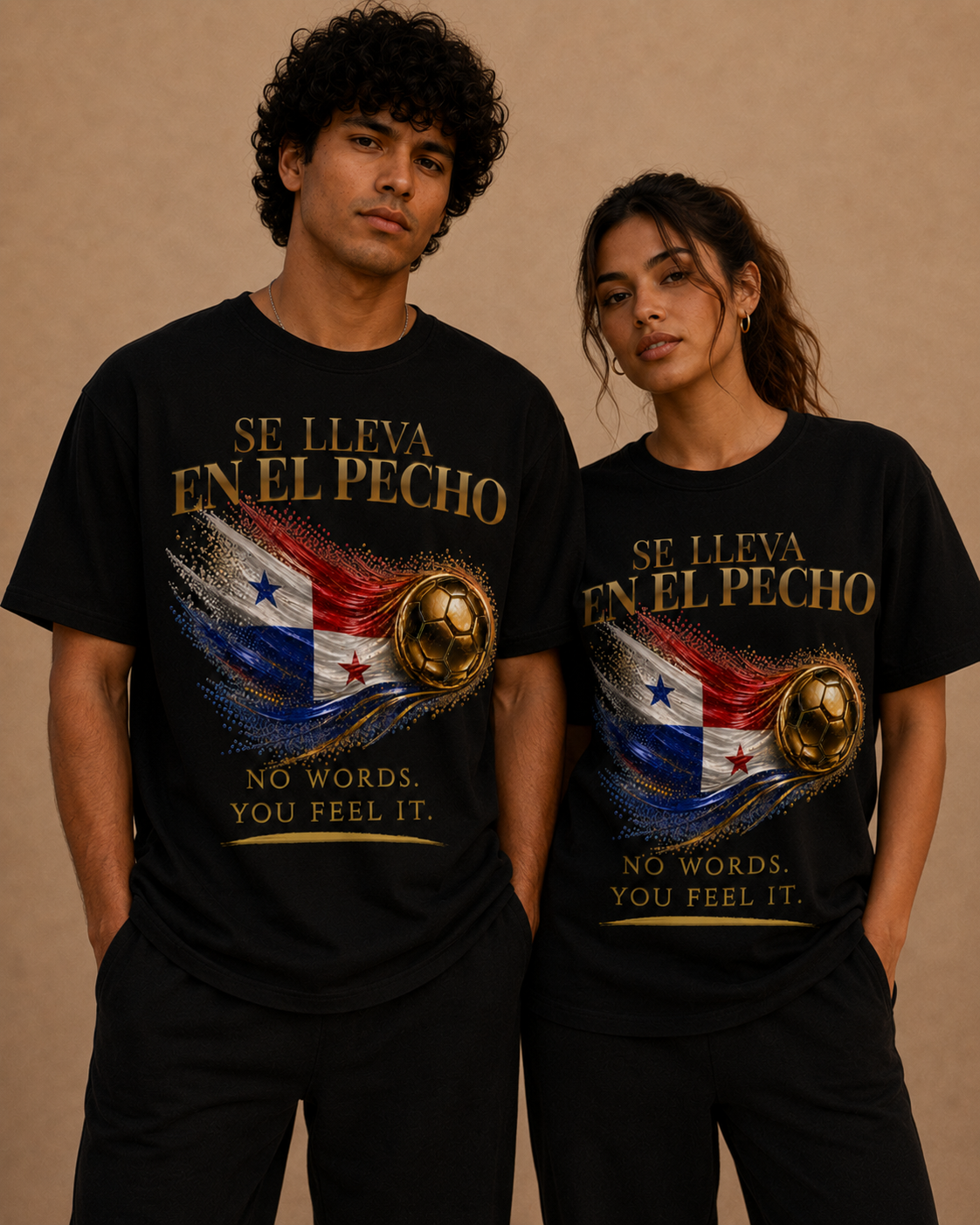 Front Print | Se Lleva En El Pecho Tee | Gold Soccer & Panama Flag Design | Bilingual Edition