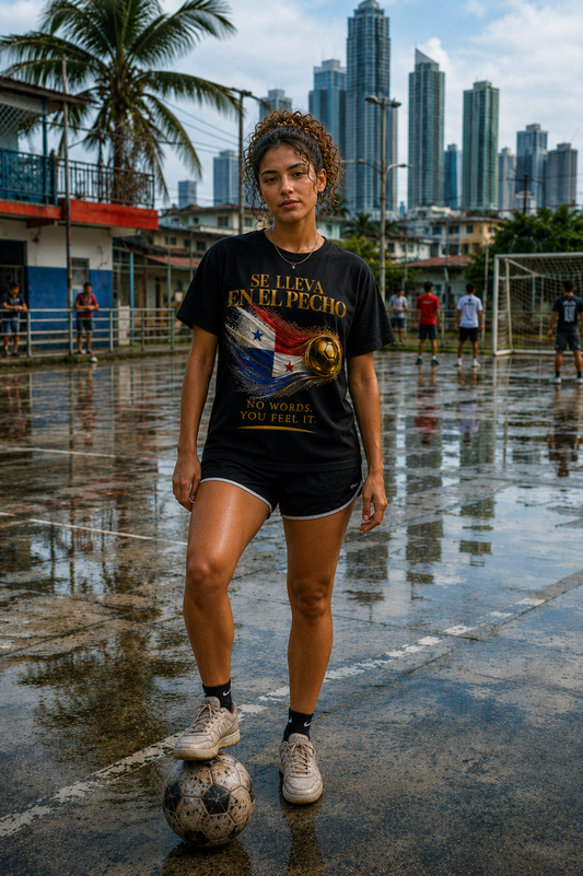 Front Print | Se Lleva En El Pecho Tee | Gold Soccer & Panama Flag Design | Bilingual Edition