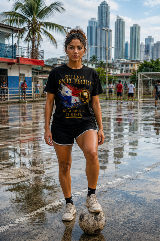 Front Print | Se Lleva En El Pecho Tee | Diseño Dorado de Fútbol y Bandera de Panamá