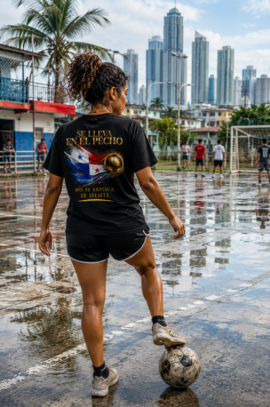Back Print | Se Lleva En El Pecho Tee | Diseño Dorado de Fútbol y Bandera de Panamá