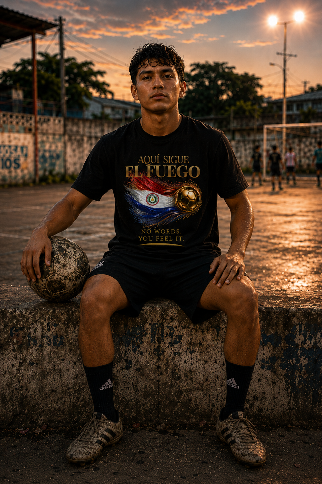 Front Print | Aquí Sigue El Fuego Tee | Gold Soccer & Paraguay Flag Design | Bilingual Edition