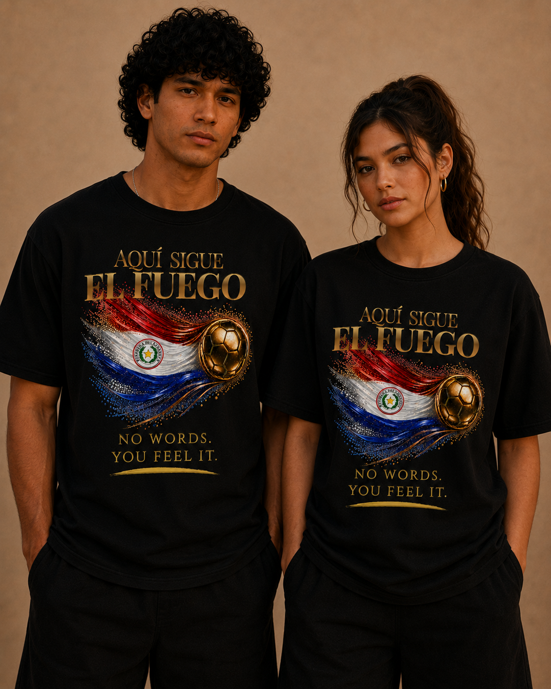 Front Print | Aquí Sigue El Fuego Tee | Gold Soccer & Paraguay Flag Design | Bilingual Edition