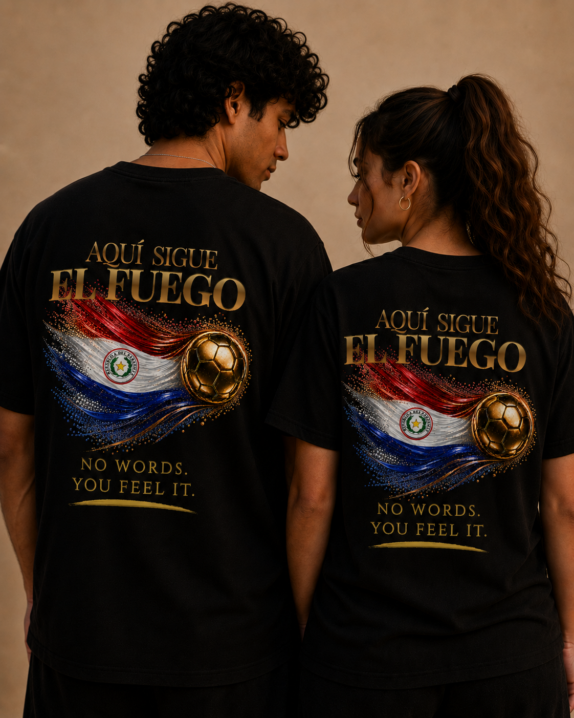 Back Print | Aquí Sigue El Fuego Tee | Gold Soccer & Paraguay Flag Design | Bilingual Edition