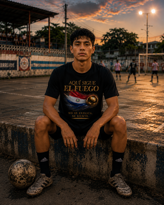 Front Print | Aquí Sigue El Fuego Tee | Diseño Dorado de Fútbol y Bandera de Paraguay