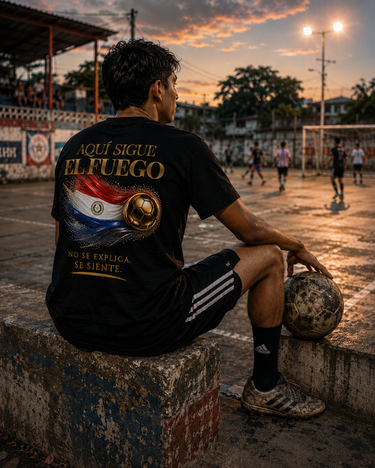 Back Print | Aquí Sigue El Fuego Tee | Diseño Dorado de Fútbol y Bandera de Paraguay