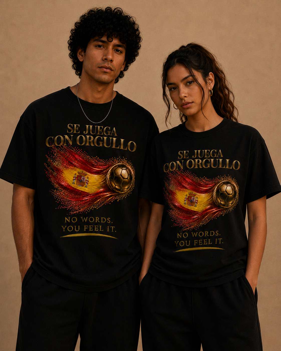 Front Print | Se Juega Con Orgullo Tee | Gold Soccer & Spain Flag Design | Bilingual Edition