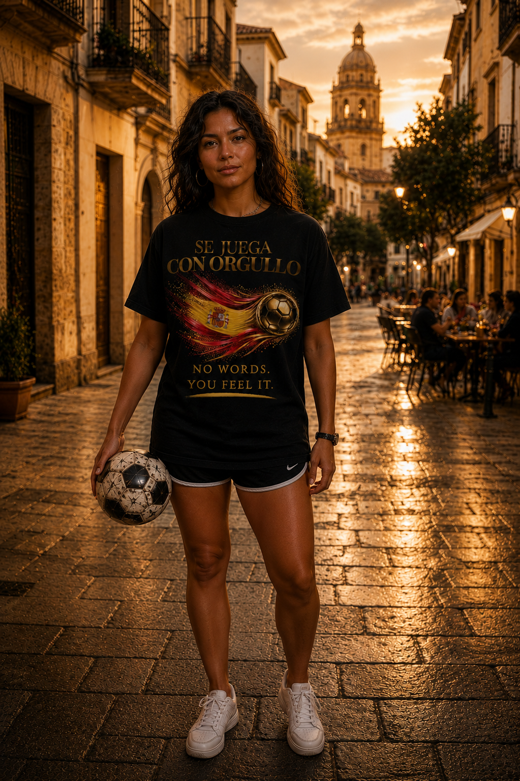 Front Print | Se Juega Con Orgullo Tee | Gold Soccer & Spain Flag Design | Bilingual Edition