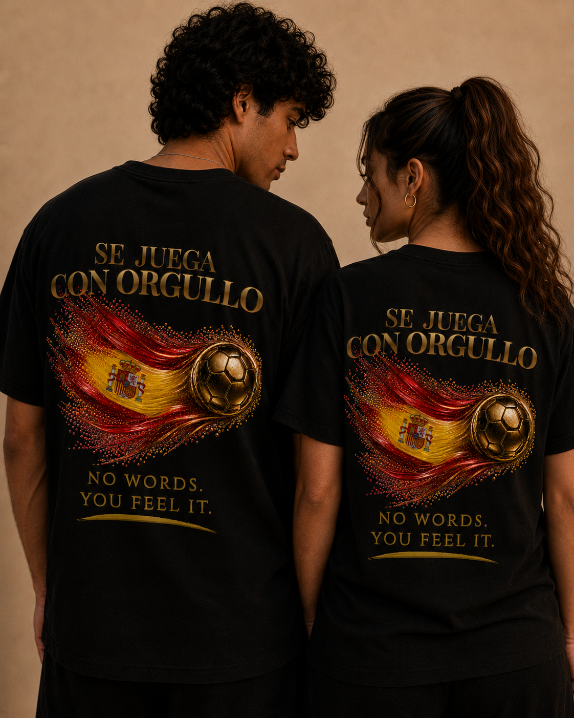Back Print | Se Juega Con Orgullo Tee | Gold Soccer & Spain Flag Design | Bilingual Edition