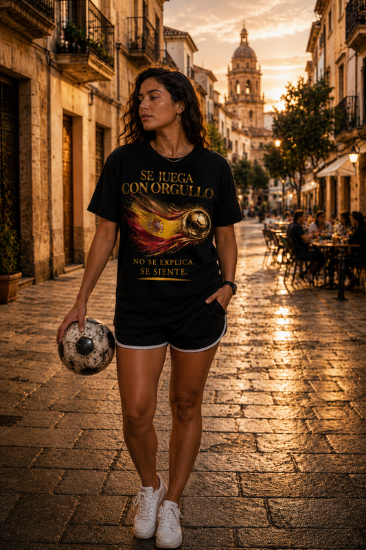 Front Print | Se Juega Con Orgullo Tee | Diseño Dorado de Fútbol y Bandera de España