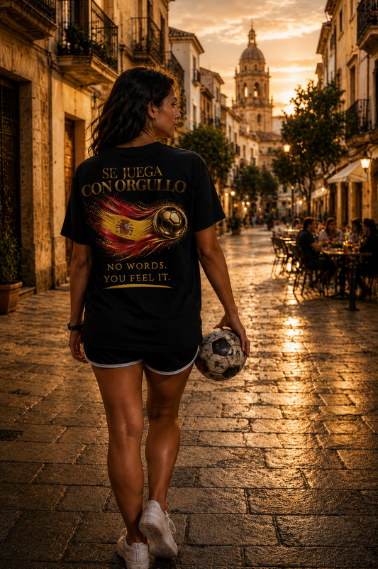 Back Print | Se Juega Con Orgullo Tee | Gold Soccer & Spain Flag Design | Bilingual Edition