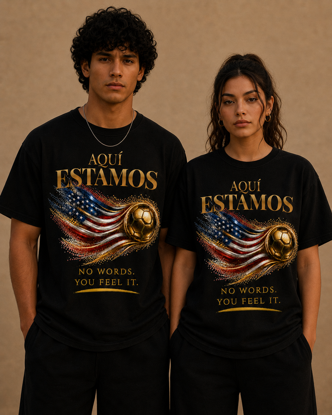 Front Print | Aquí Estamos Tee | Gold Soccer & United States Flag Design | Bilingual Edition