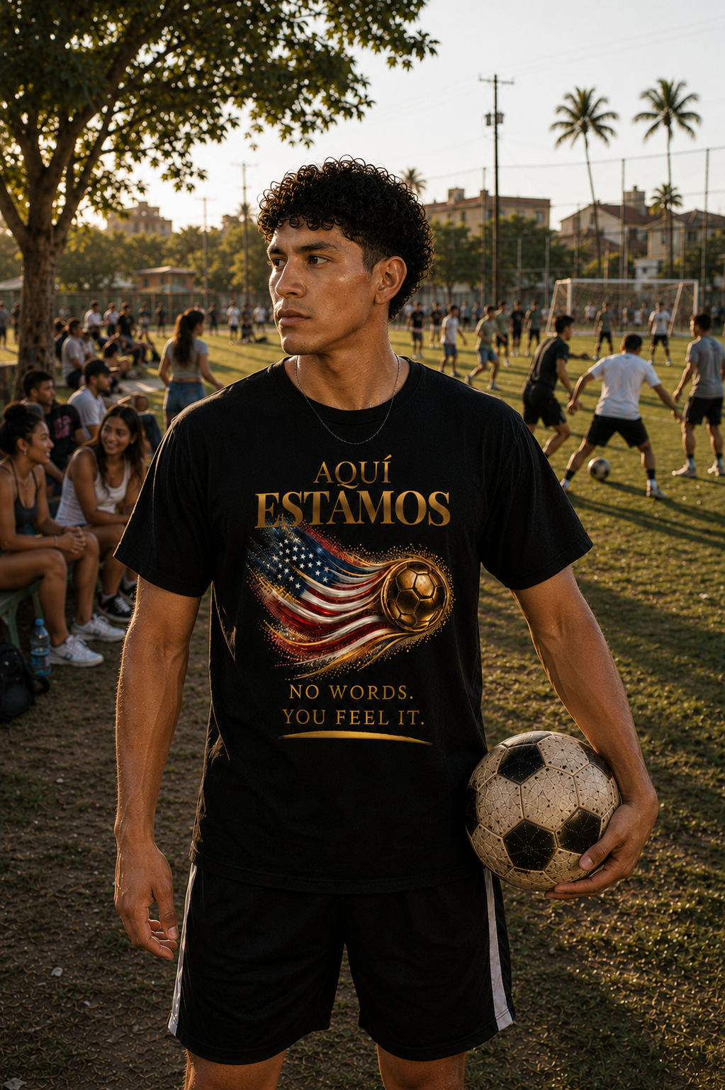 Front Print | Aquí Estamos Tee | Gold Soccer & United States Flag Design | Bilingual Edition