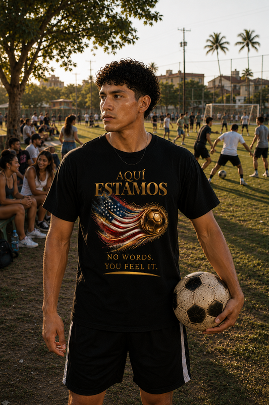 Front Print | Aquí Estamos Tee | Gold Soccer & United States Flag Design | Bilingual Edition