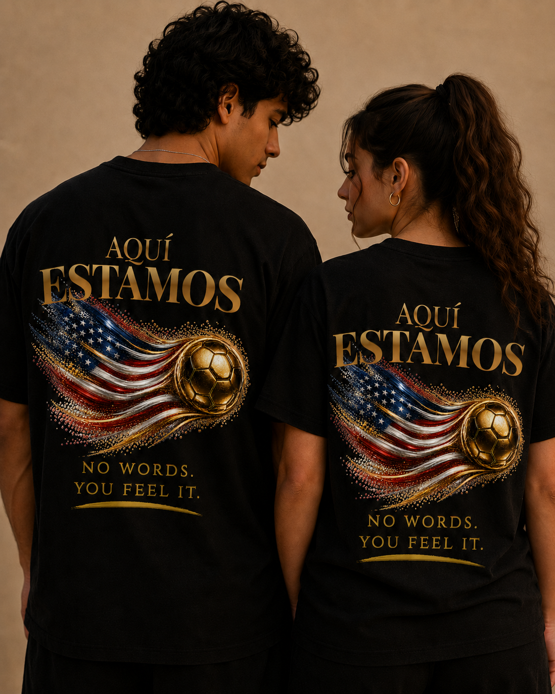 Back Print | Aquí Estamos Tee | Gold Soccer & United States Flag Design | Bilingual Edition