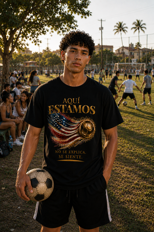 Front Print | Aquí Estamos Tee | Diseño Dorado de Fútbol y Bandera de Estados Unidos